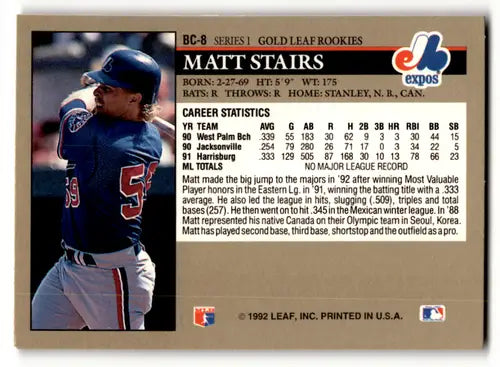 1992 Leaf Gold Rookies Matt Stairs baseball card, NM Near Mint Expos ID 61980