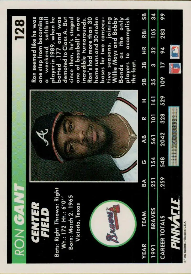 1992 Pinnacle Ron Gant Baseball Card featuring Atlanta Braves player from the 1990s