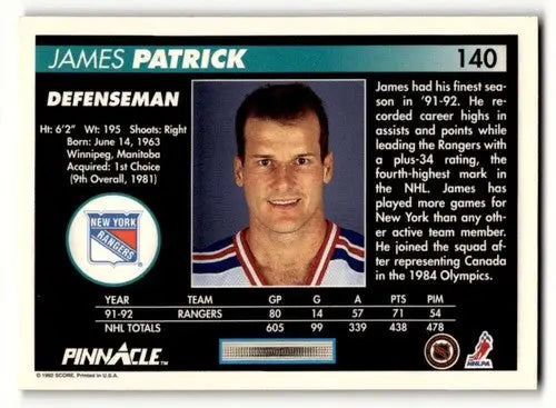 Original gloss James Patrick Rangers hockey card from 1992 Pinnacle #140