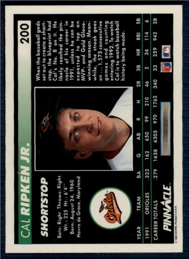 Cal Ripken Jr. 1992 Pinnacle Baseball Card - Baltimore Orioles Baseball Collectible