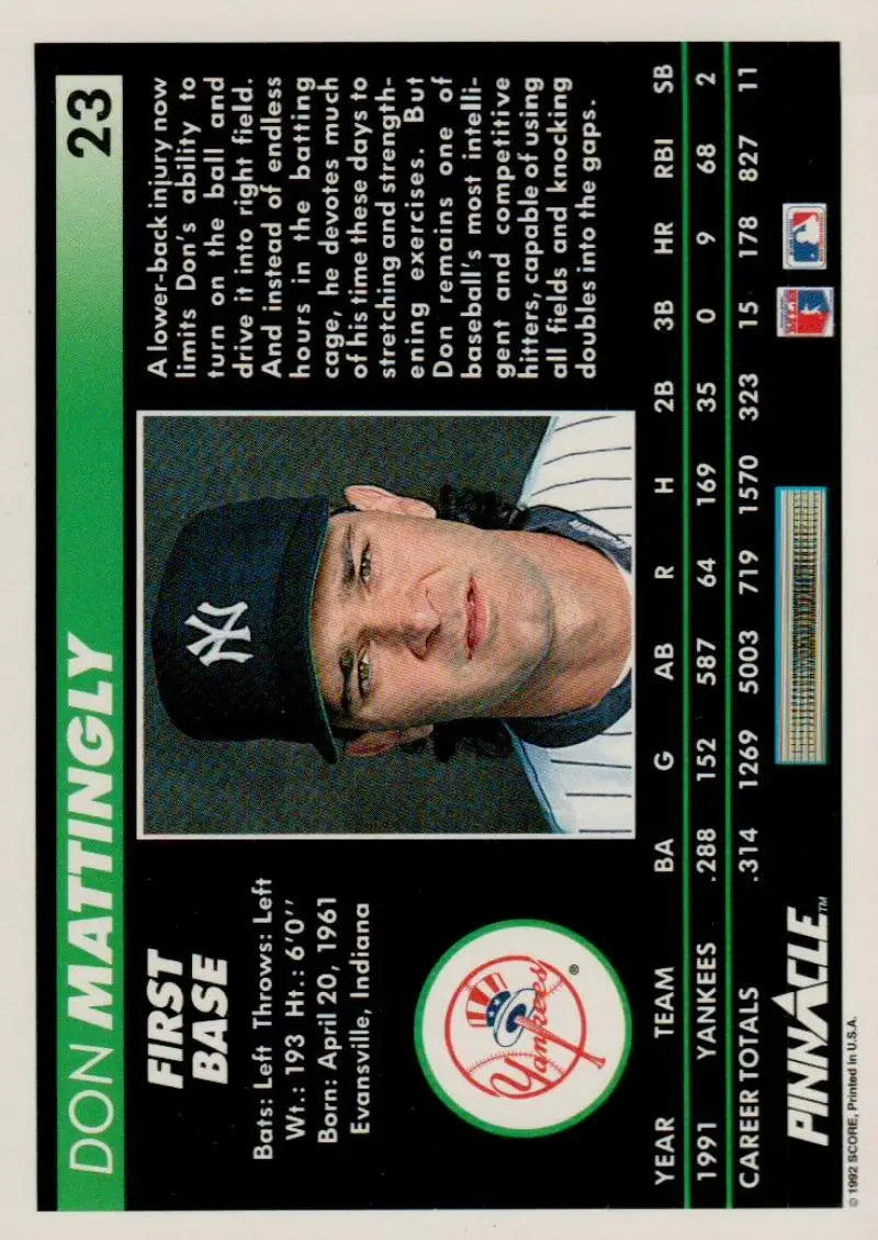 1992 Pinnacle Don Mattingly Baseball Card featuring New York Yankees player in navy cap