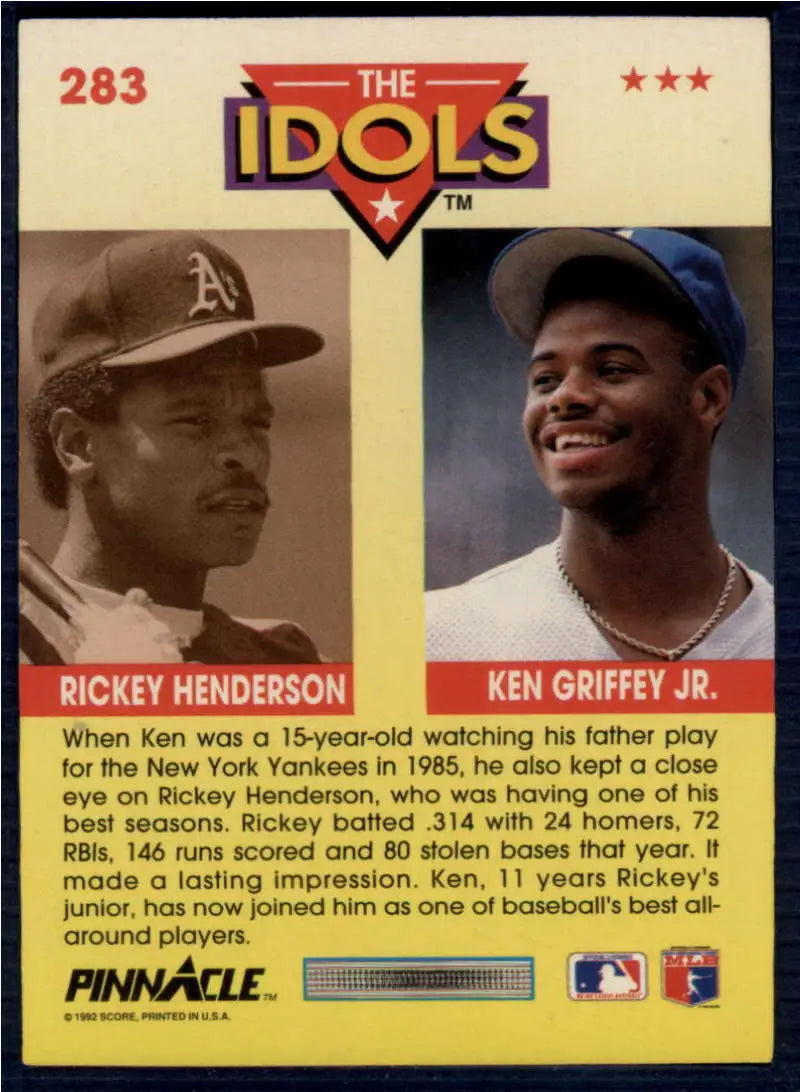 Baseball card showcasing Ken Griffey Jr. and Rickey Henderson, Seattle Mariners stars