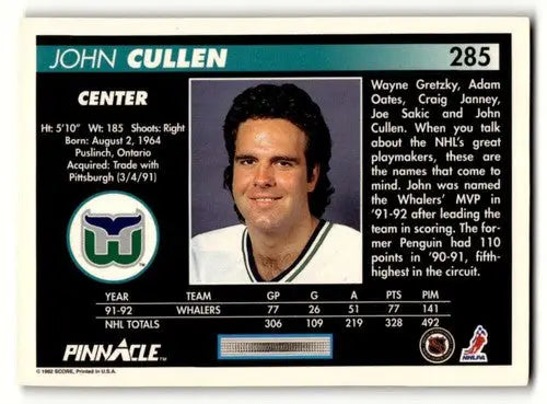 Original gloss 1992 Pinnacle John Cullen Whalers hockey card for collectors