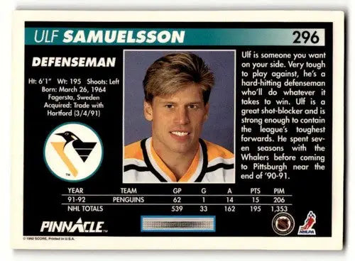 Original gloss Ulf Samuelsson Penguins hockey card from 1992 Pinnacle #296