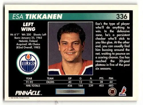 Esa Tikkanen Edmonton hockey card from 1992 Pinnacle with original gloss, Edmonton Oilers collectible