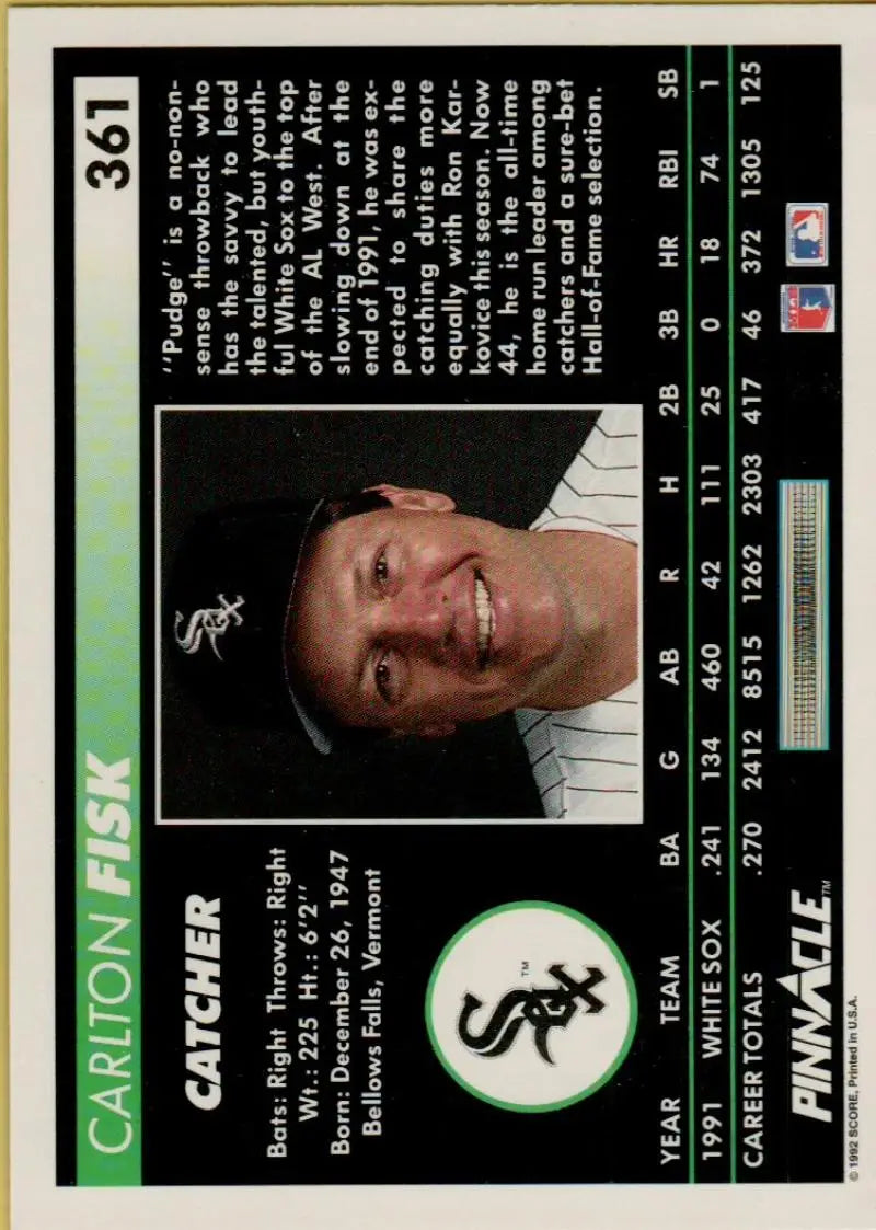 Carlton Fisk Chicago White Sox baseball card in white uniform from 1992 Pinnacle