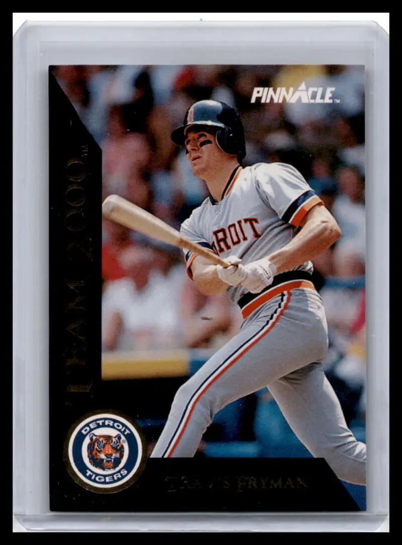 Baseball card of Travis Fryman in white and orange uniform for Detroit Tigers