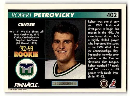 1992 Pinnacle Robert Petrovicky Whalers hockey card with original gloss in excellent condition