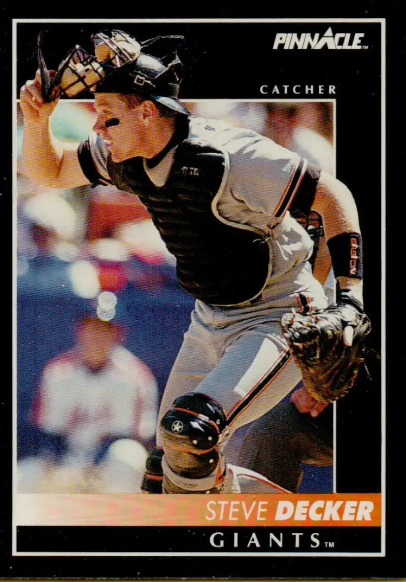 Baseball card of Steve Decker in black uniform for San Francisco Giants making a play