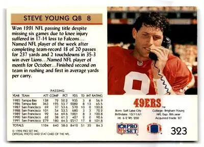 Steve Young Pro Set football card from the San Francisco 49ers 1992 collection