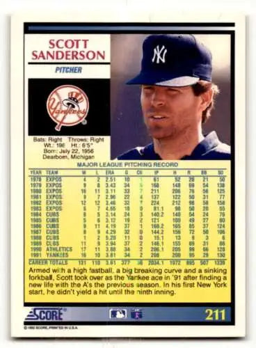 Scott Sanderson 1992 Score baseball card featuring original gloss New York Yankees baseball