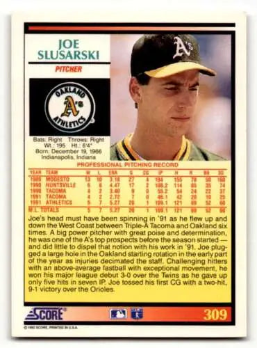 1992 Score Joe Slusarski Oakland Athletics baseball card with original gloss finish