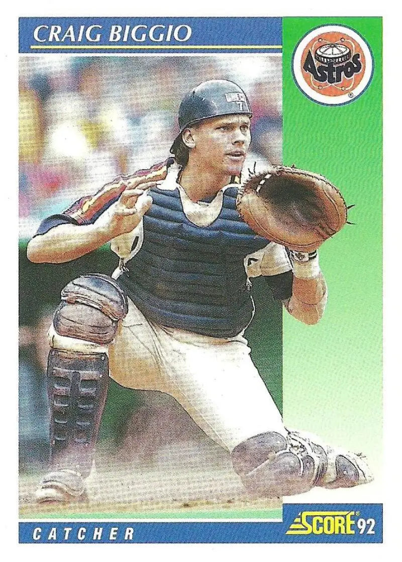 Baseball catcher in navy gear crouching, highlighting Craig Biggio of the Houston Astros
