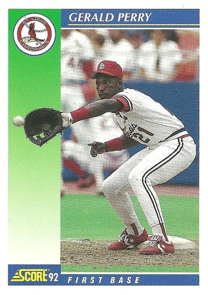 Gerald Perry fielding in a defensive stance on a St. Louis Cardinals baseball card