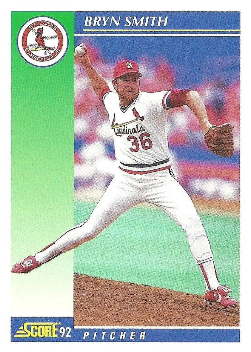 Baseball card of Bryn Smith, St. Louis Cardinals pitcher #36 mid-delivery on the mound