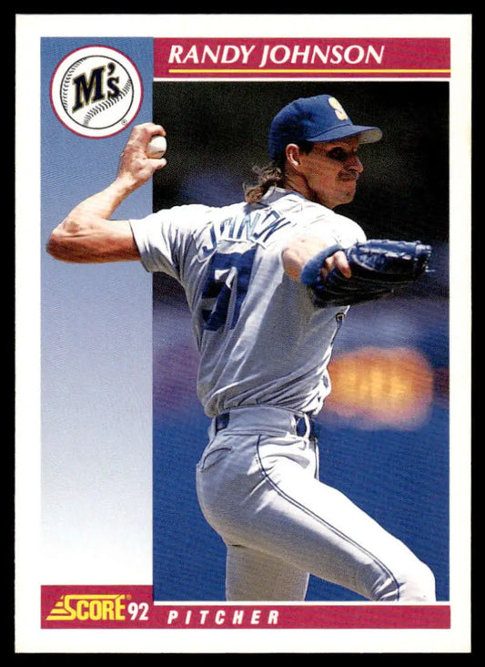 1992 Score #584 Randy Johnson Baseball Card of Seattle Mariners Pitcher Mid-Delivery
