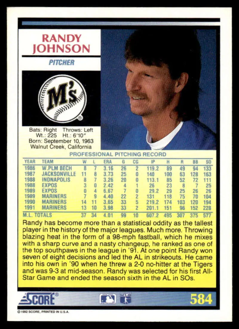Baseball card of Randy Johnson, pitcher for the Seattle Mariners with a mustache
