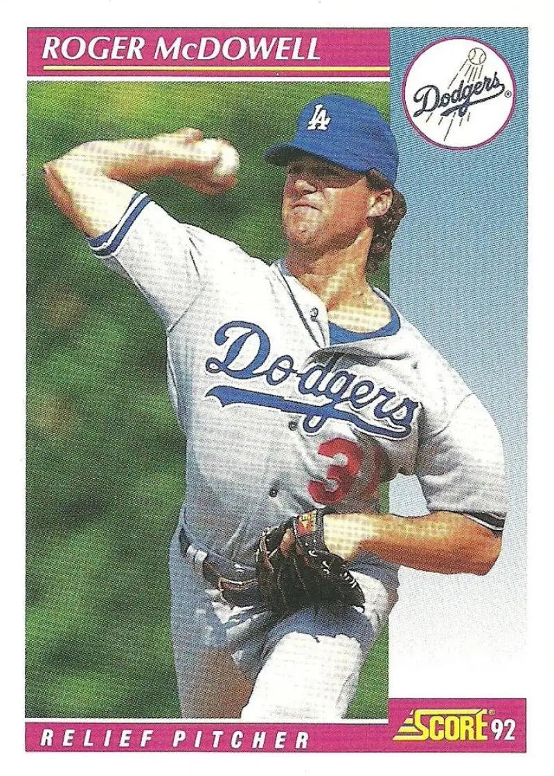 Baseball card of Roger McDowell in mid-throw for Los Angeles Dodgers, white uniform
