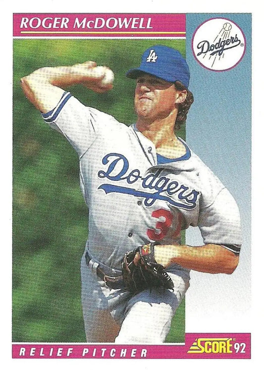 Baseball card of Roger McDowell in mid-throw for Los Angeles Dodgers, white uniform