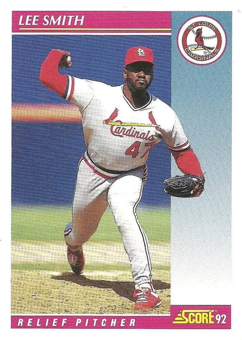 Lee Smith throwing a pitch in white uniform on St. Louis Cardinals baseball card
