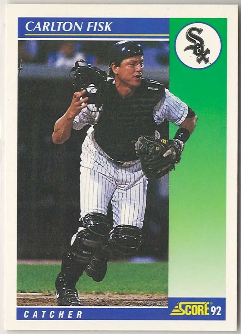 Baseball card of Carlton Fisk in action for the Chicago White Sox wearing pinstripes