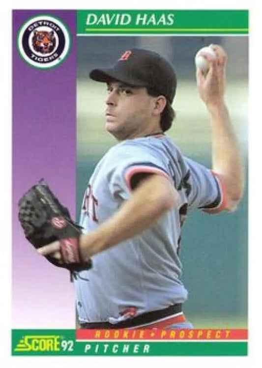 Baseball card of Dave Haas, Detroit Tigers pitcher in mid-throwing motion