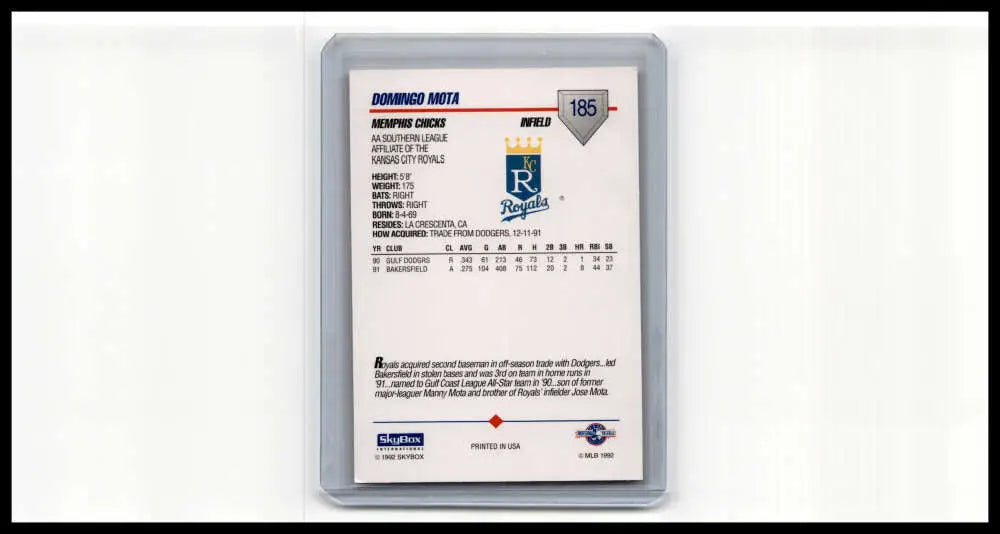 Back of 1992 Skybox AA #185 Domingo Mota Memphis Chicks Baseball Card with stats