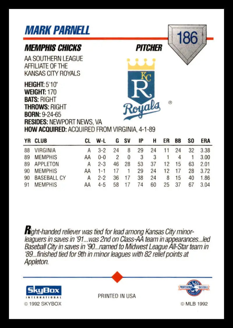 Baseball card featuring Mark Parnell statistics for Memphis Chicks pitcher