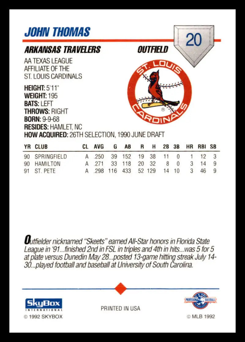 Baseball card featuring John Thomas with stats for Arkansas Travelers outfielder