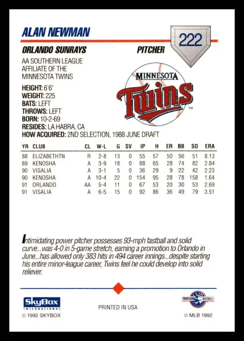 Baseball card of Alan Newman from Orlando Sun Rays with stats and biography