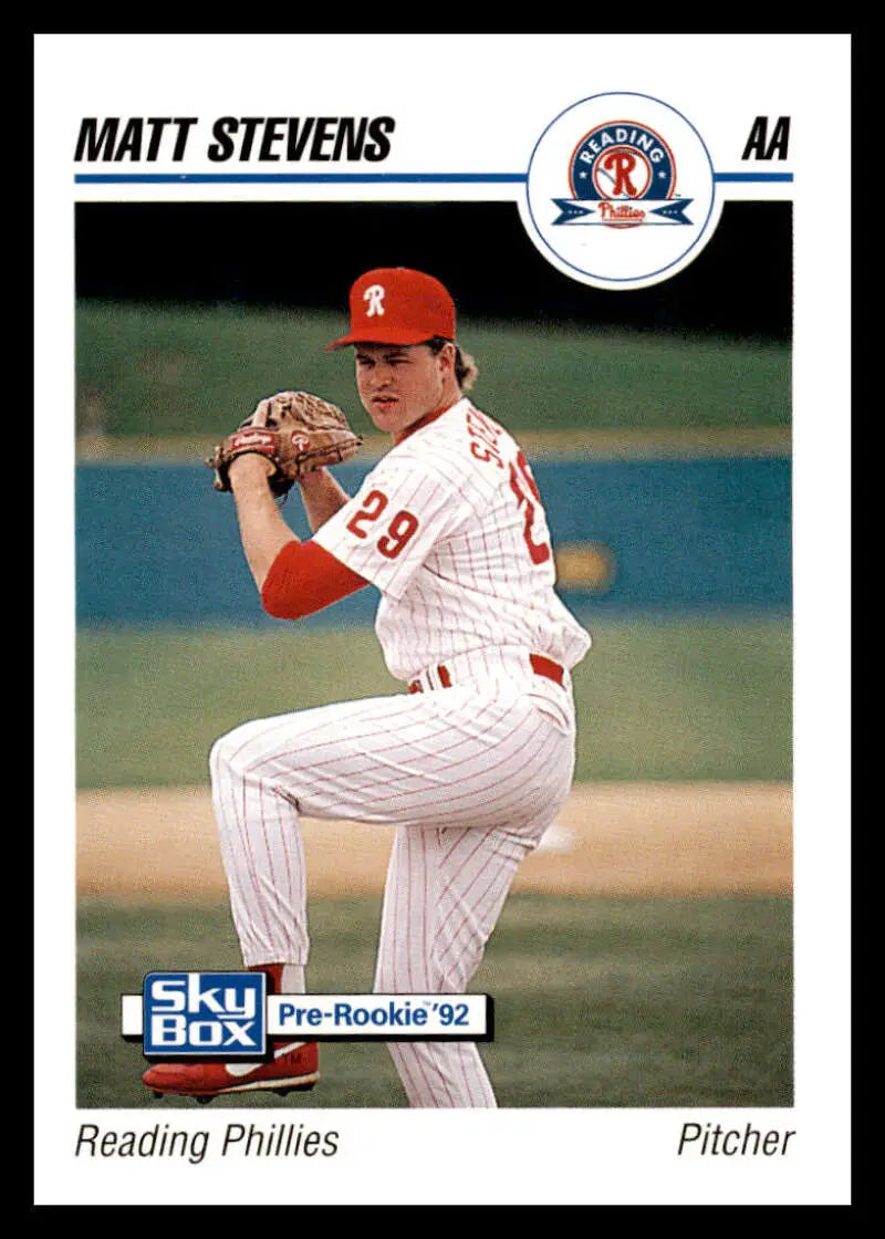 Matt Stevens Reading Phillies baseball card in white pinstriped uniform with red cap