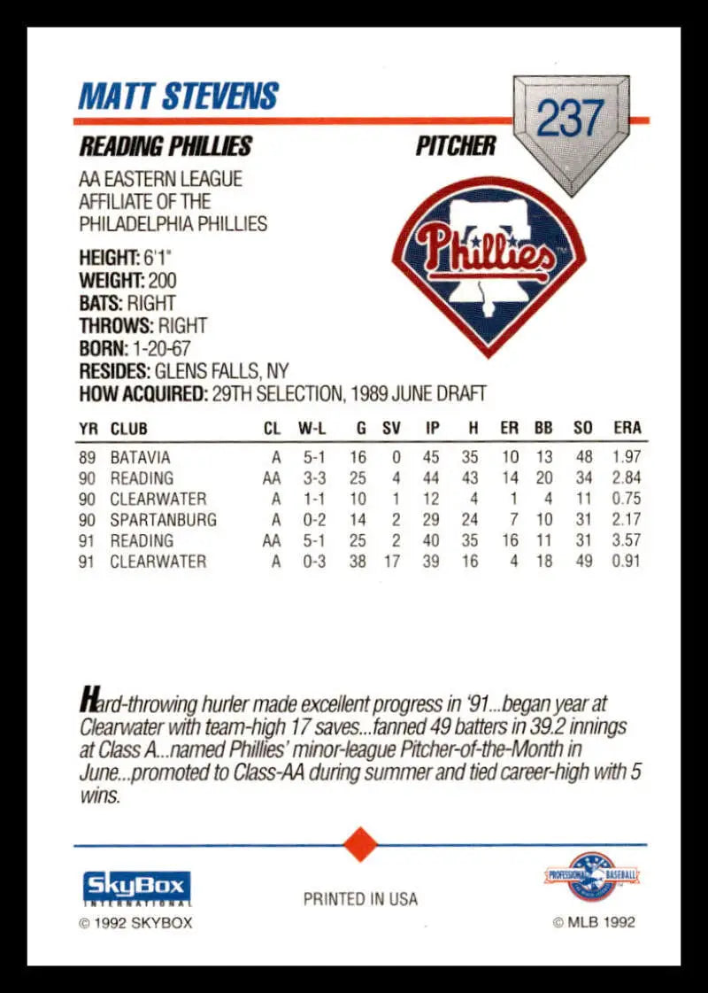 Baseball card of Matt Stevens from the Reading Phillies 1992 SkyBox set