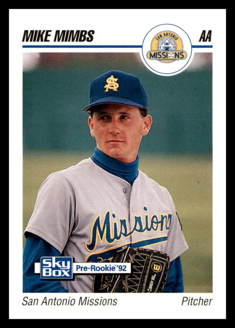 Baseball card of Mike Mimbs, San Antonio Missions pitcher in gray uniform and blue cap
