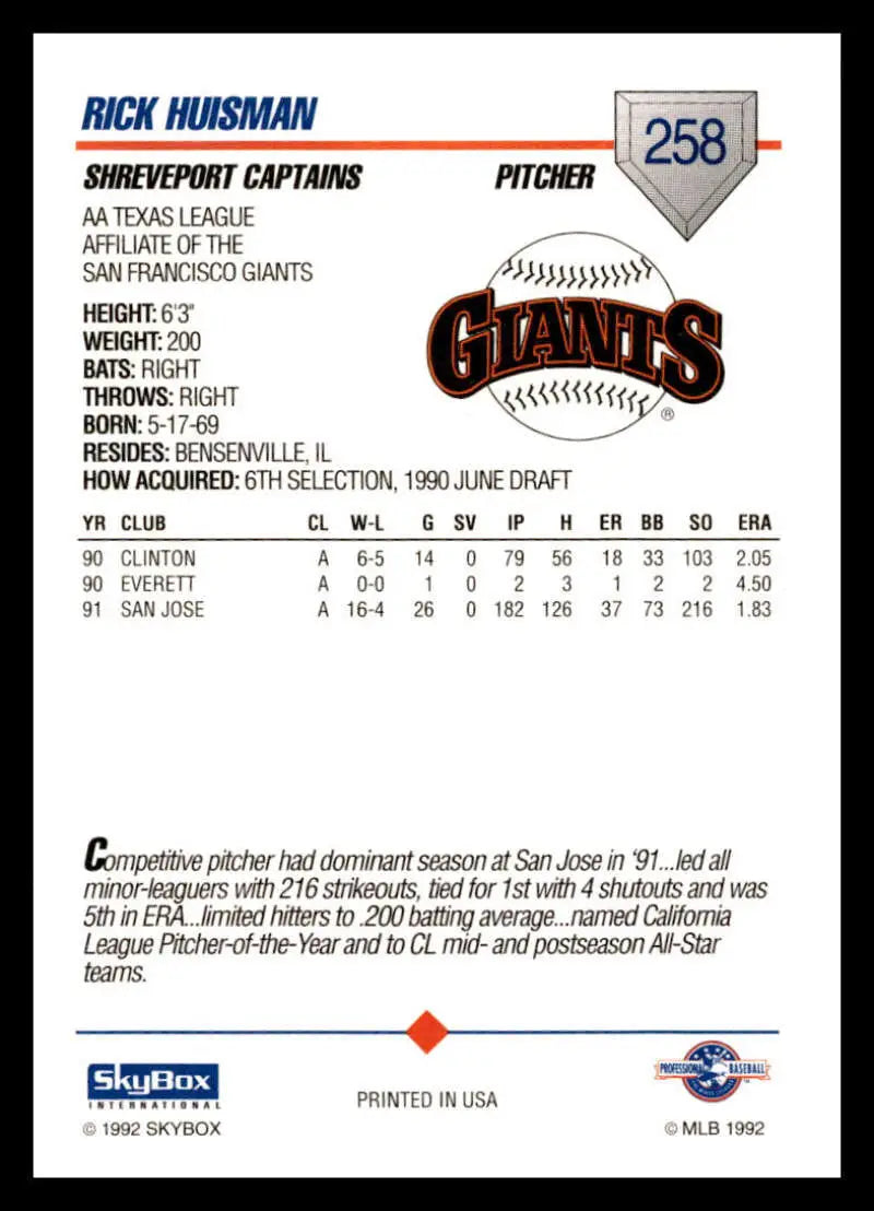 Baseball card of Rick Huisman, pitcher for Shreveport Captains, 1992 Skybox AA #258