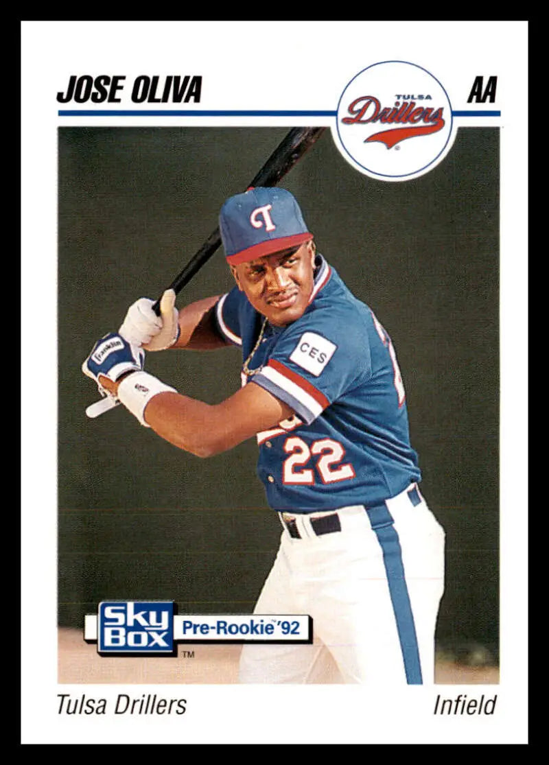 Baseball card of Jose Oliva, Tulsa Drillers infielder in blue uniform with bat