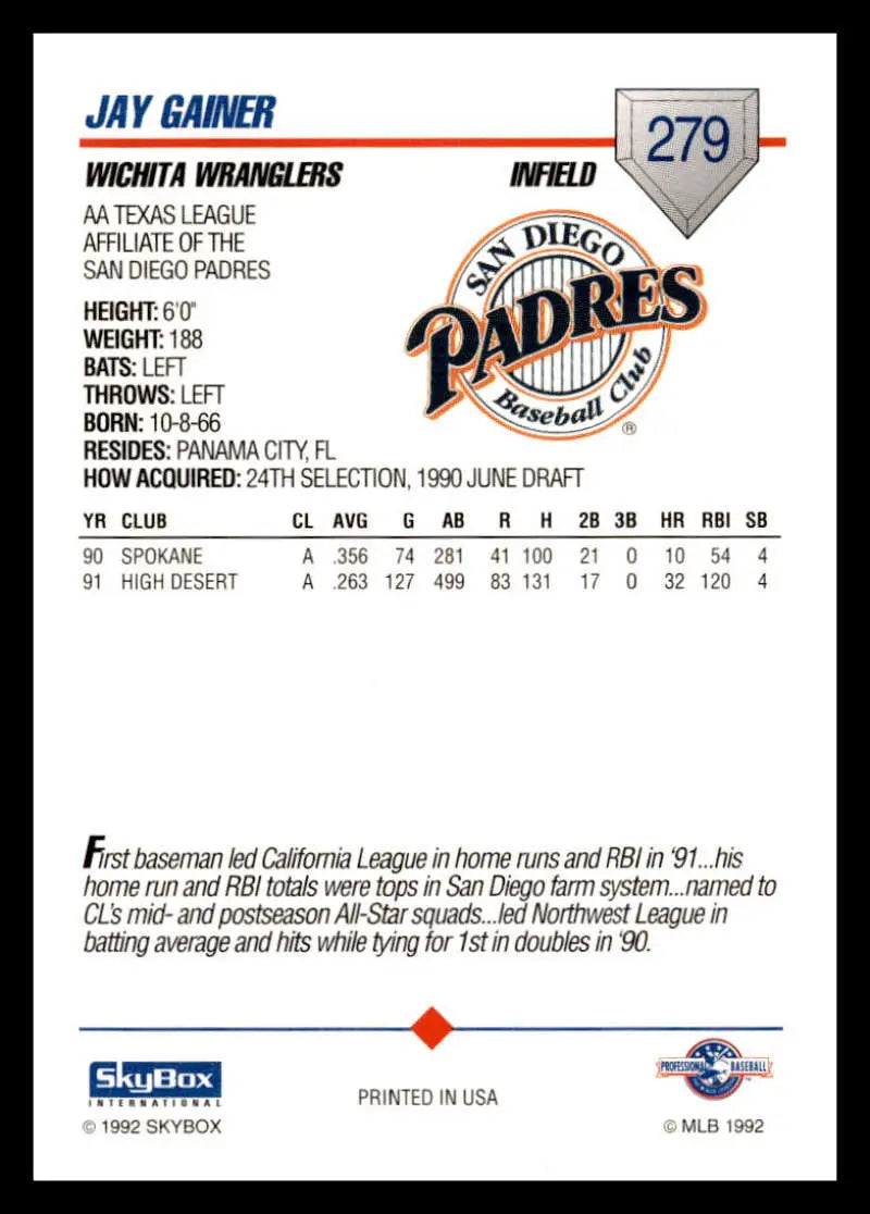 Baseball card of Jay Gainer with Wichita Wranglers stats and Padres logo