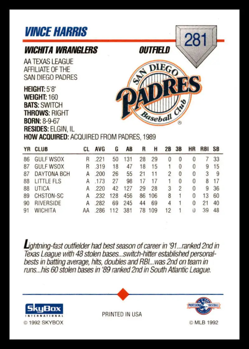 Baseball card featuring Wichita Wranglers player Vince Harris statistics from 1992