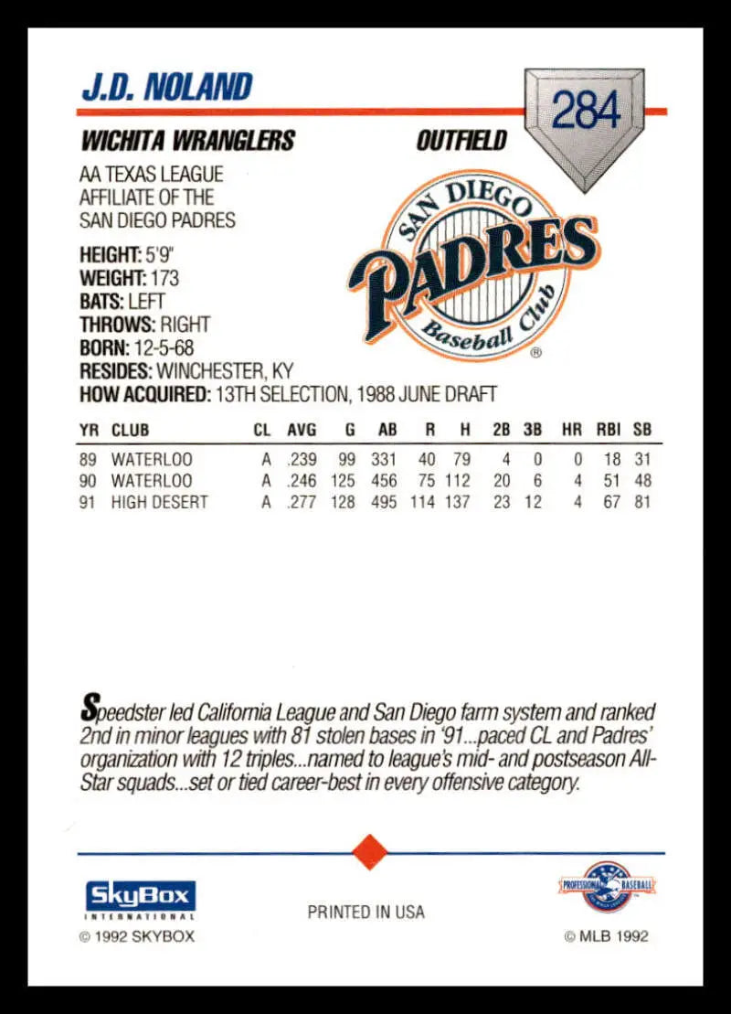 Baseball card featuring J.D. Noland statistics from the Wichita Wranglers team