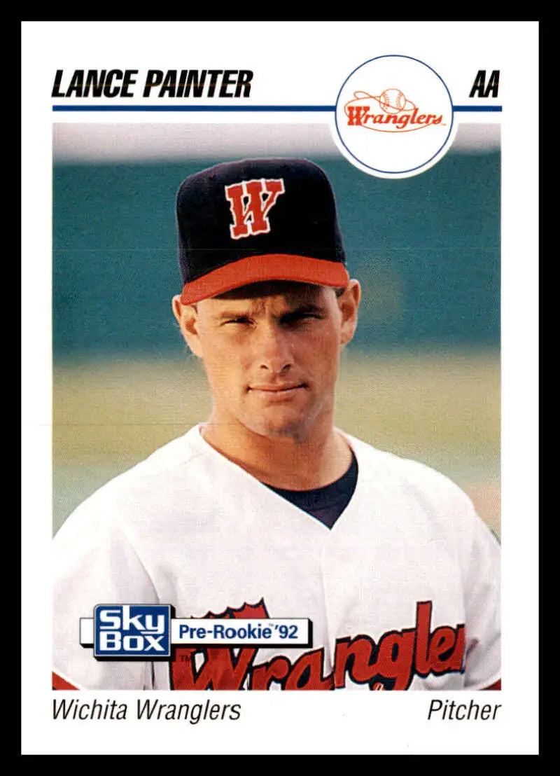 Baseball card of Lance Painter in Wichita Wranglers cap, navy and red design