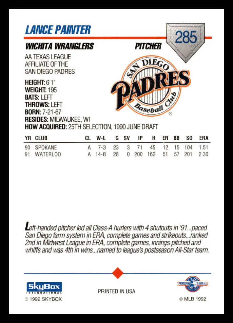 Lance Painter baseball card featuring Wichita Wranglers stats and biography details