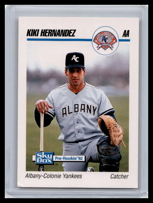 Baseball card of Kiki Hernandez in gray uniform for Albany-Colonie Yankees