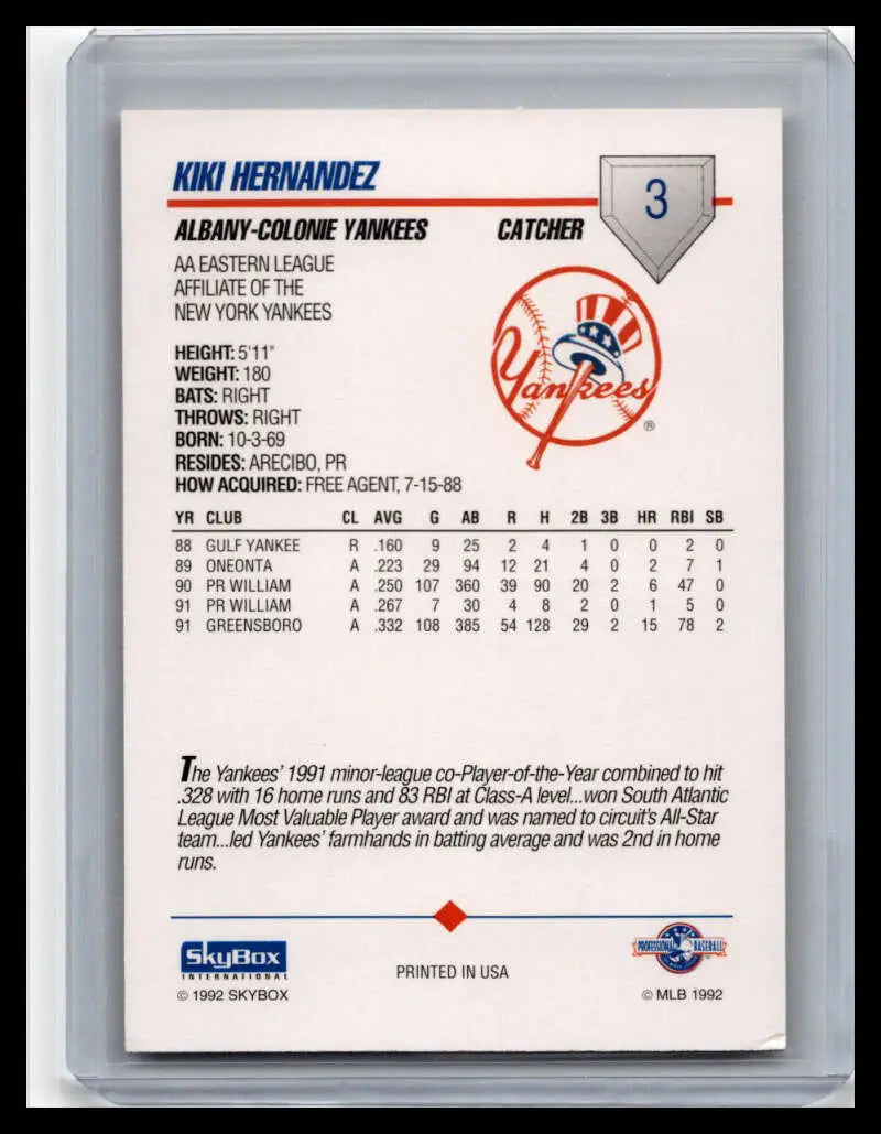 Baseball card of Kiki Hernandez from Albany-Colonie Yankees featuring player stats