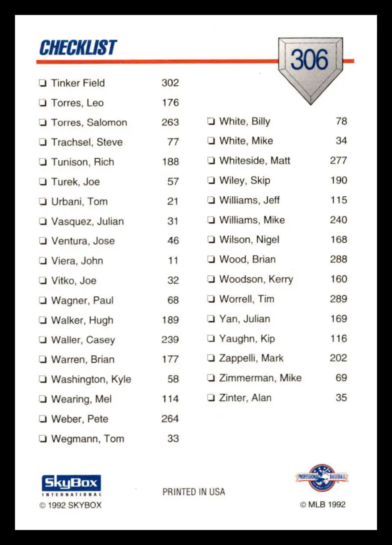 Baseball card checklist Alpha 4 featuring player names and numbers on white paper