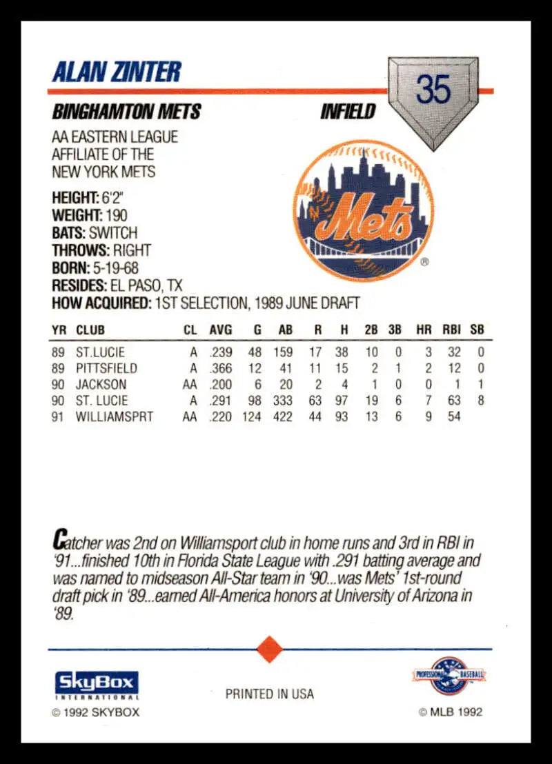 Baseball card of Alan Zinter from Binghamton Mets with stats and team info