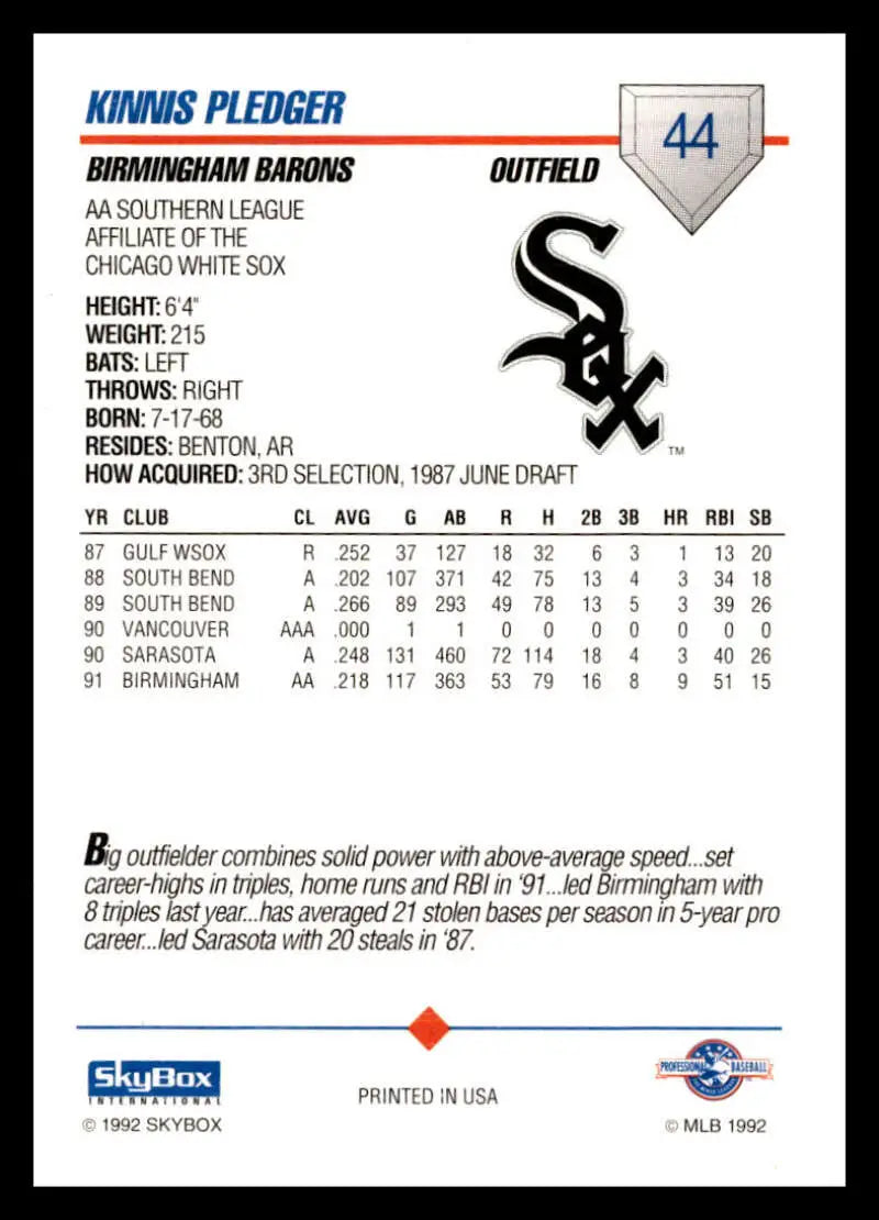 Kinnis Pledger baseball card featuring stats for Birmingham Barons 1992 Skybox AA #44