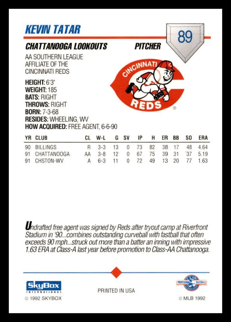 Baseball card of Kevin Tatar, pitcher for Chattanooga Lookouts from 1992 Skybox series
