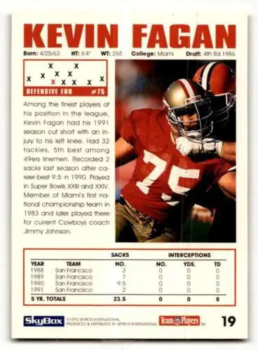 1992 SkyBox Impact #19 Kevin Fagan San Francisco 49ers Football Card original gloss