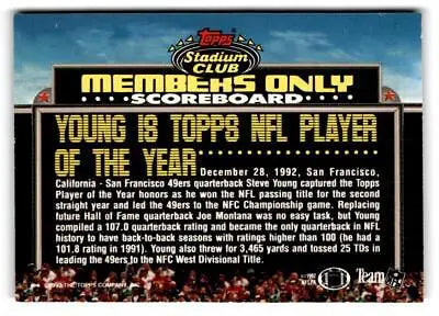 Stadium Club scoreboard honors Steve Young as 1992 NFL Player of the Year NNO Steve Young