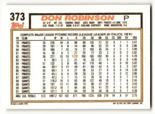 1992 Topps #373 Don Robinson San Francisco Giants Baseball Card with original gloss