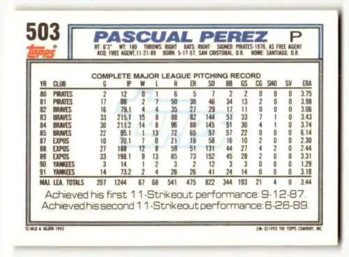 Baseball card back of 1992 Topps #503 Pascual Perez Yankees Baseball Cards with original gloss